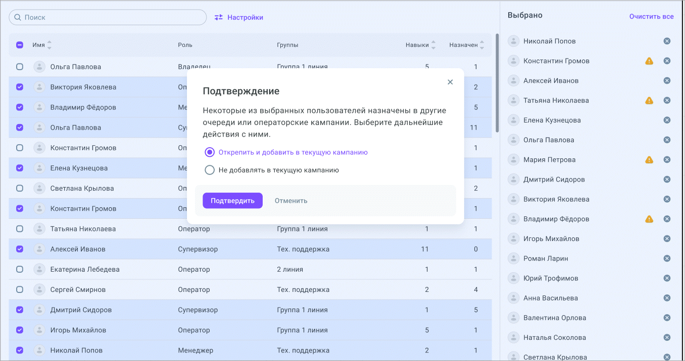 Открепить операторов