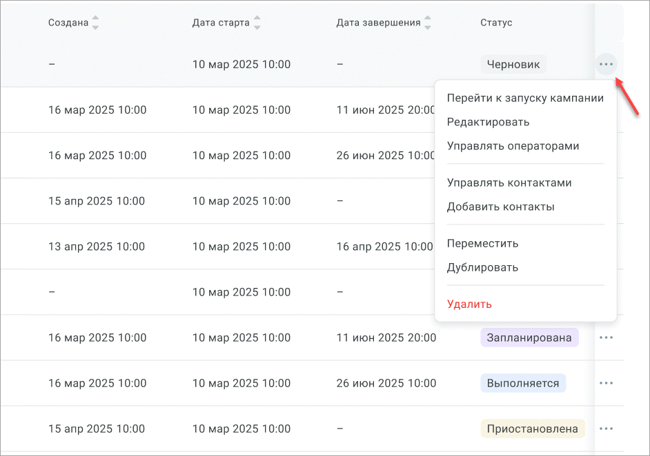 Меню действий