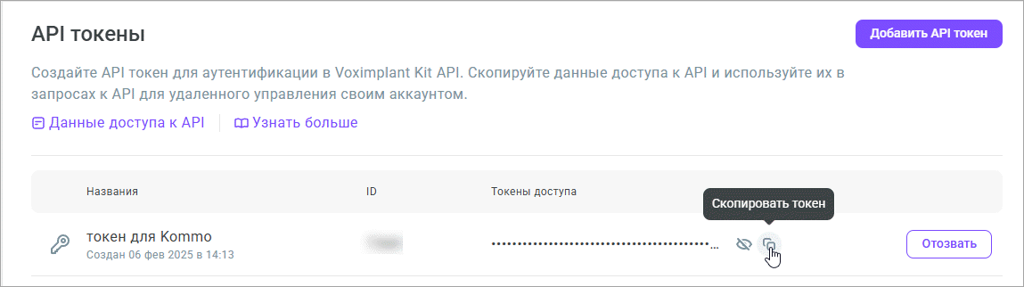 Скопировать API токен