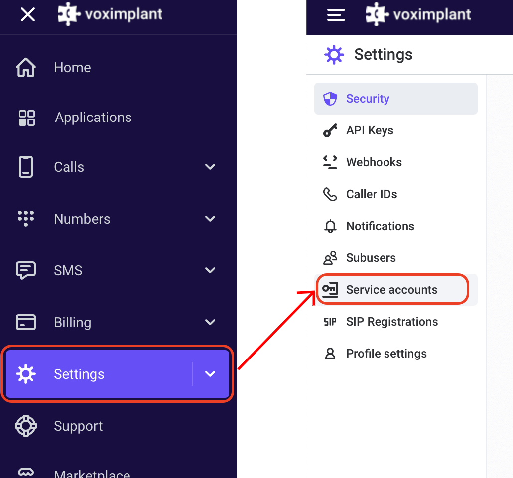 Service accounts in the menu